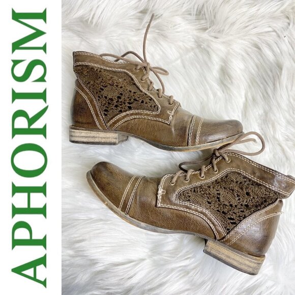 APHORISM Caramel Brown Faux Leather Lace Inset Boho Bootie, Size 6.5 - Picture 1 of 11